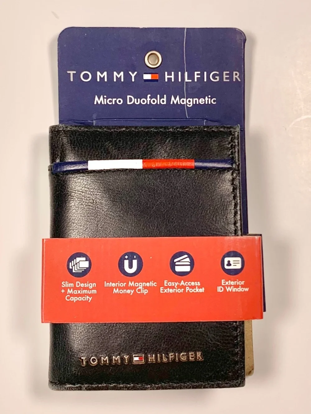Tommy Hilfiger Logo Slim Micro Duofold Bifold Wallet Black Magnetic Money Clip